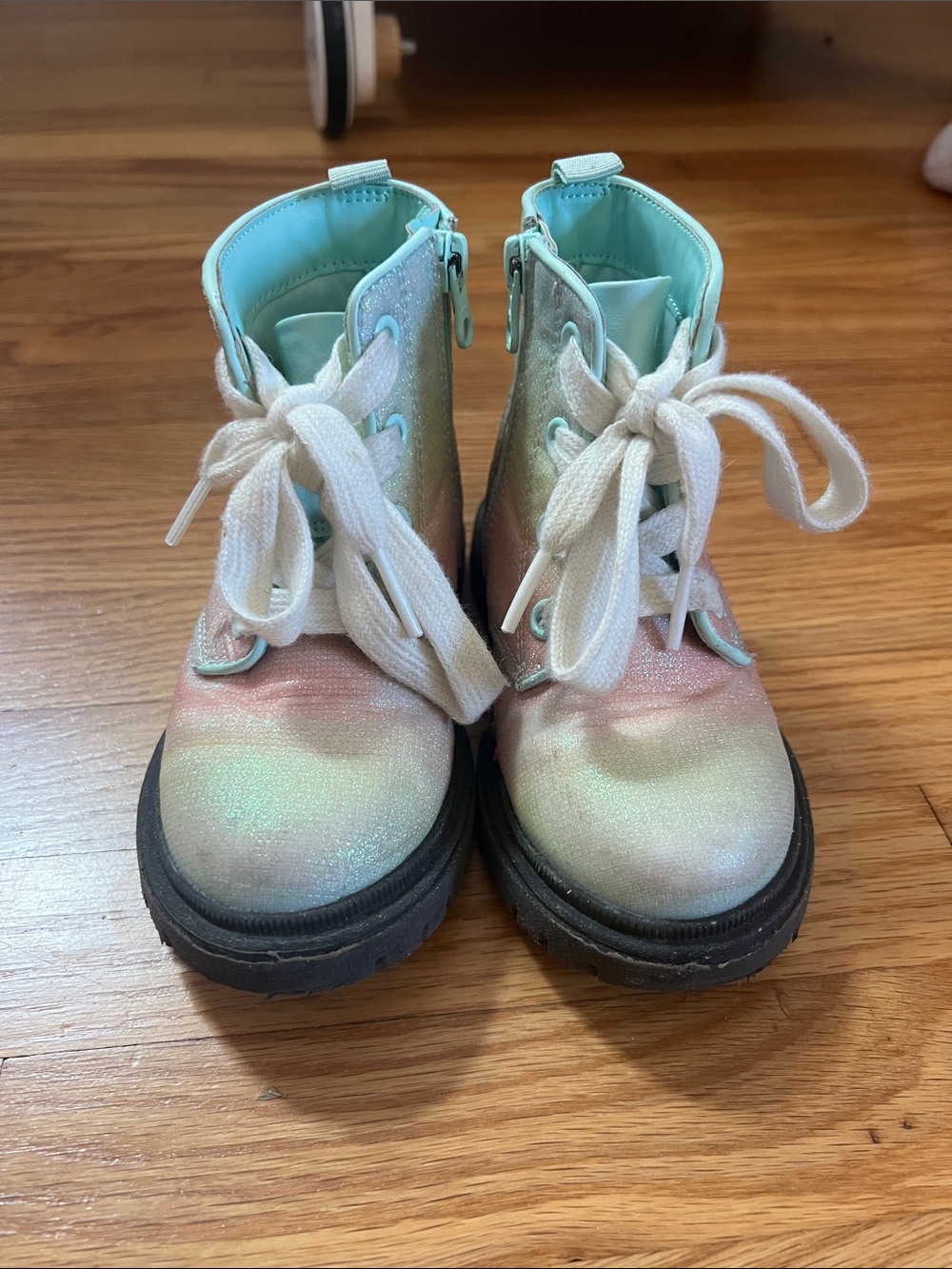 Kids Iridescent Pastel Lace-Up Boots - Mint & Pink - size 9
